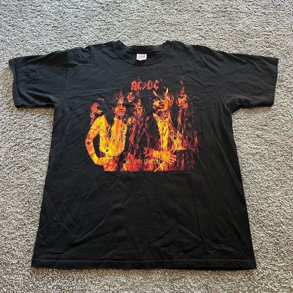 Vintage Y2K 2007 AC/DC Highway To Hell T Shirt Black Band Fire Mens Sz L Anvil - Picture 1 of 7